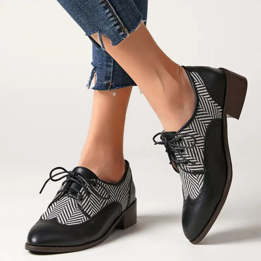 Ivyshape | Striped Lace-up Shoes Made of Leather for Women