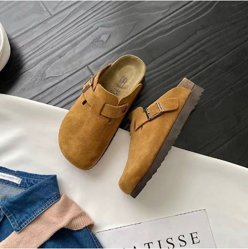 Suede slip-on clogs with adjustable buckle