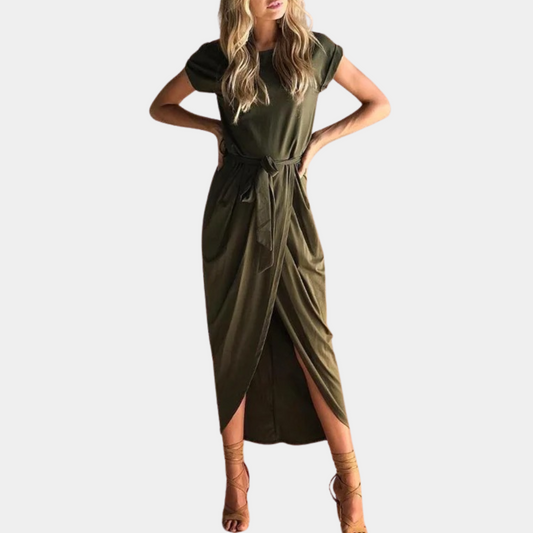 Ivyshape | Women's Tulip Plain Maxi Dress Round Neck