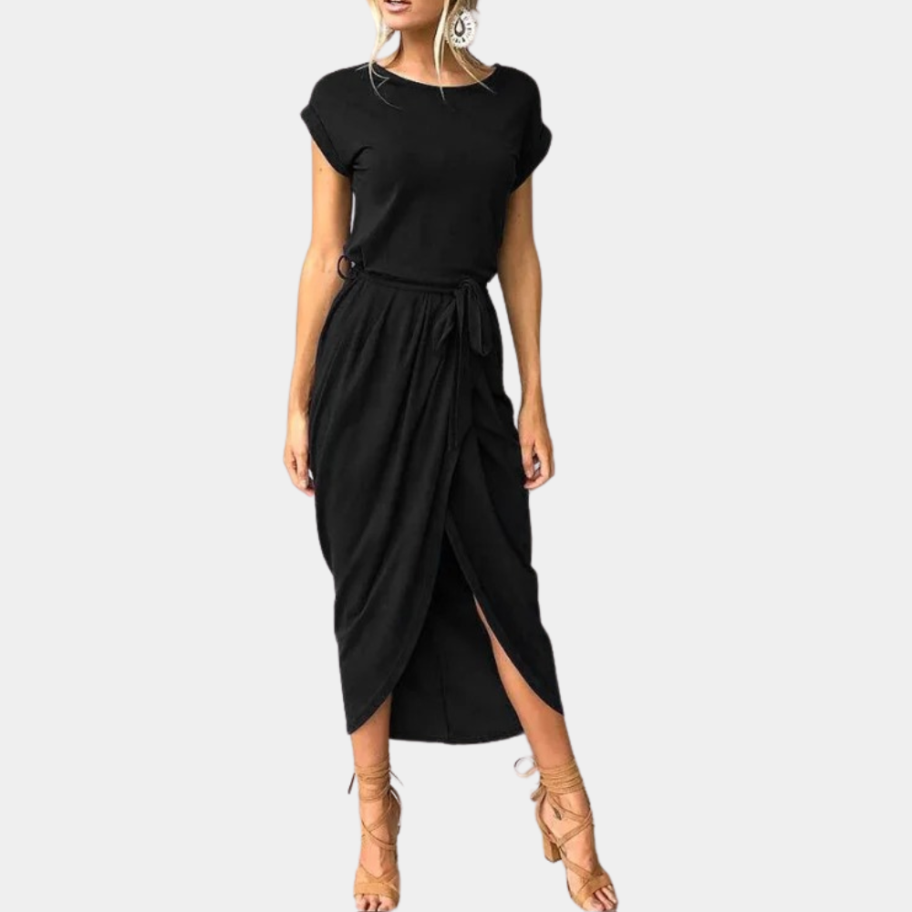 Ivyshape | Women's Tulip Plain Maxi Dress Round Neck