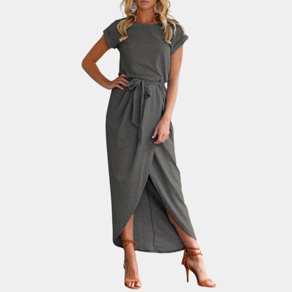 Ivyshape | Women's Tulip Plain Maxi Dress Round Neck