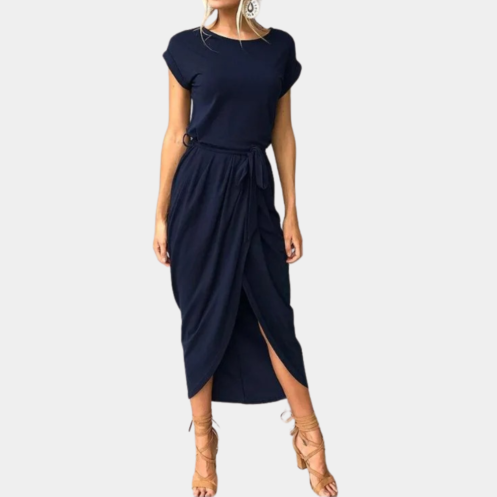 Ivyshape | Women's Tulip Plain Maxi Dress Round Neck