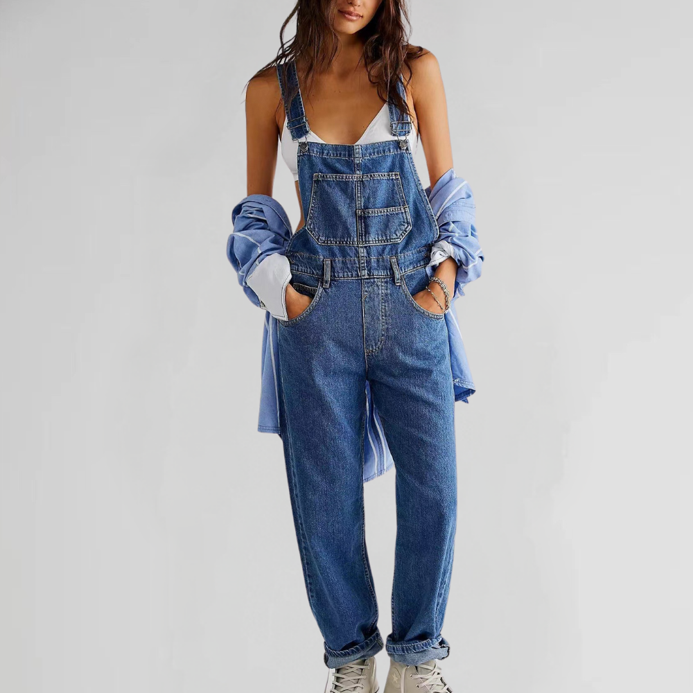 Ivyshape | Women's Denim Overalls with Cross-Back Design