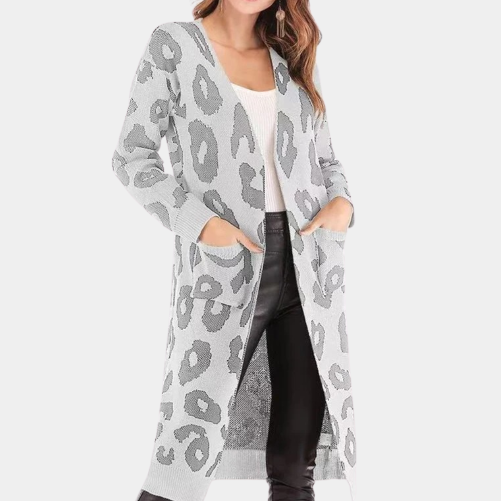 Ivyshape | Stylish Long Women's Cardigan with Leopard Print