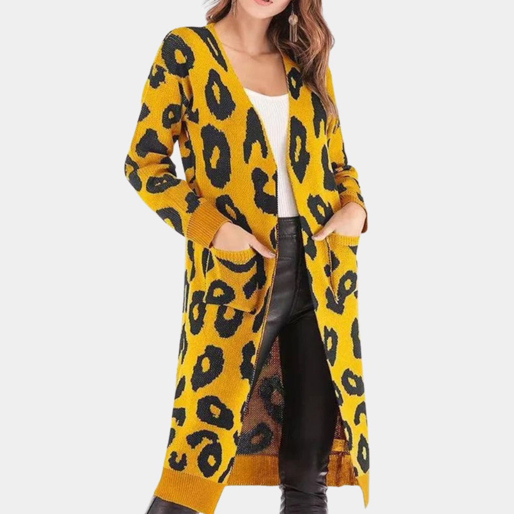 Ivyshape | Stylish Long Women's Cardigan with Leopard Print