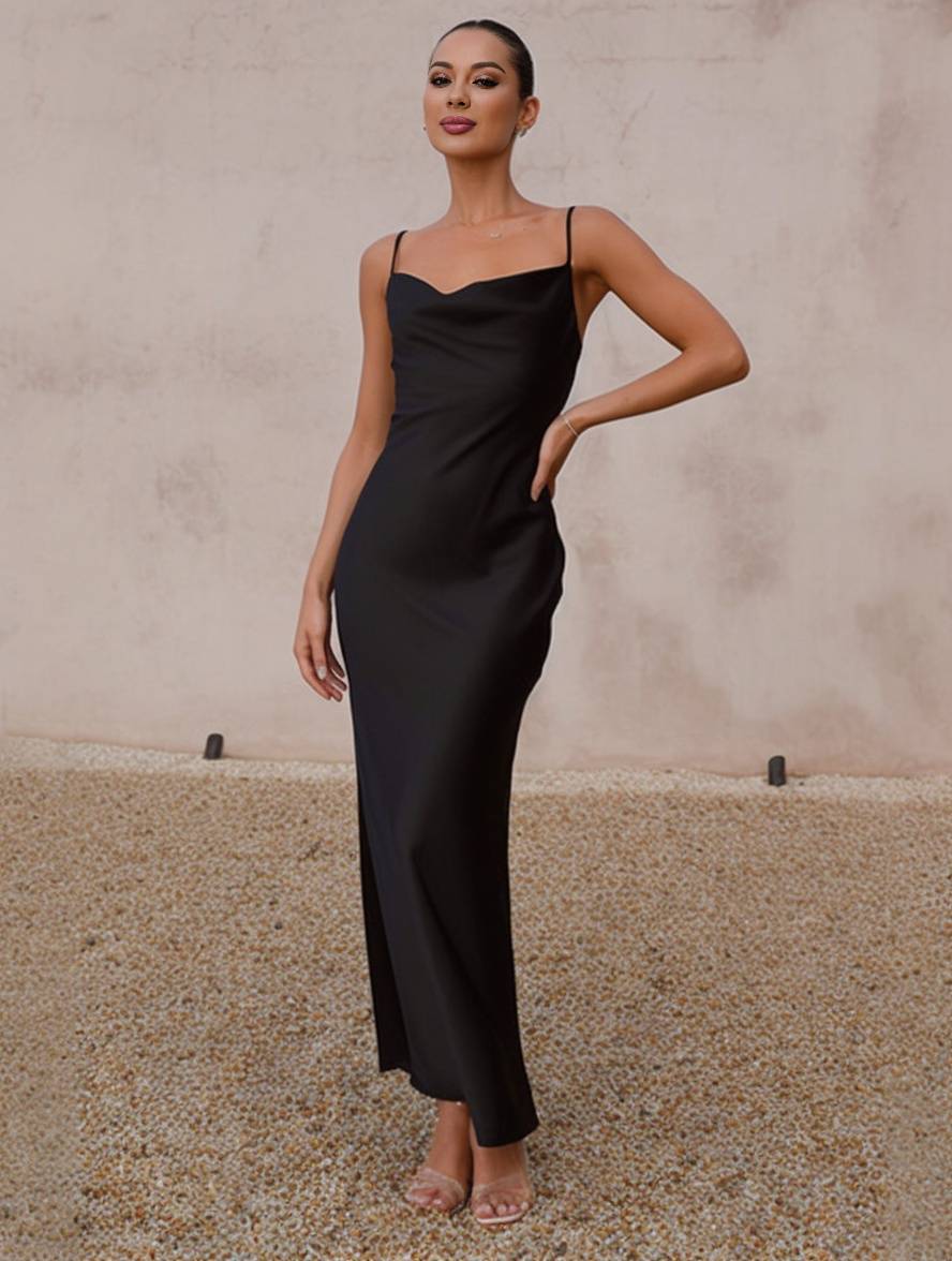 IvyShape | Dress Bridesmaid Satin Figure-Hugging Backless with Delicate Straps Elegant Ladies Evening Party Wedding Guest