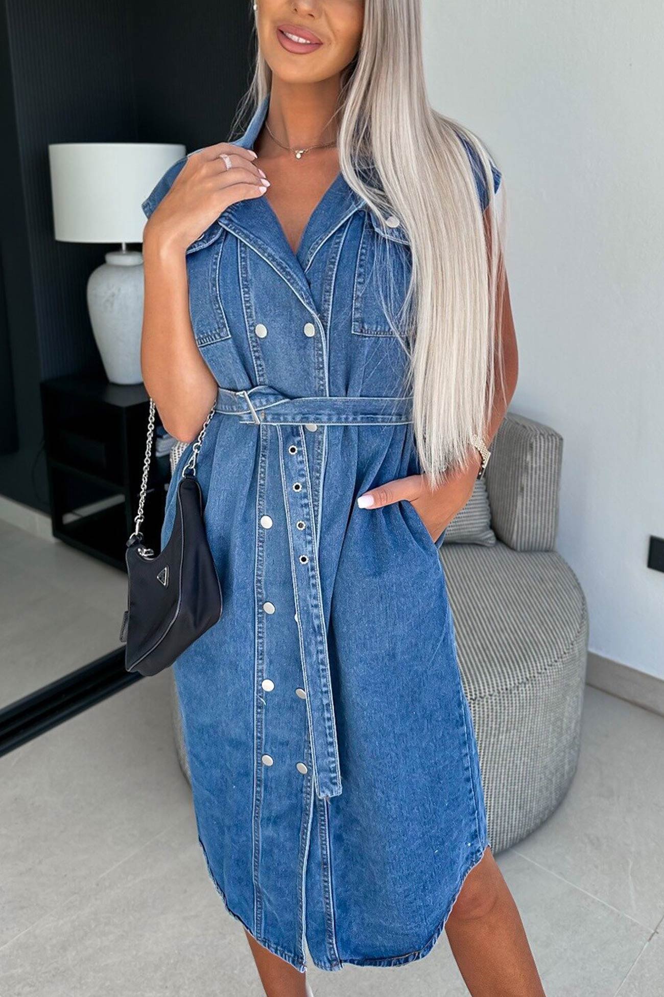 Sleeve Double-breasted Strappy Denim Dress