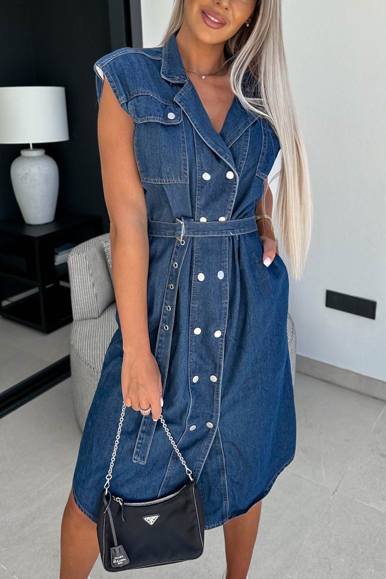 Sleeve Double-breasted Strappy Denim Dress