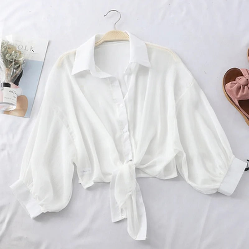 Women's Summer Bat Sleeve Tied Waist Blouse