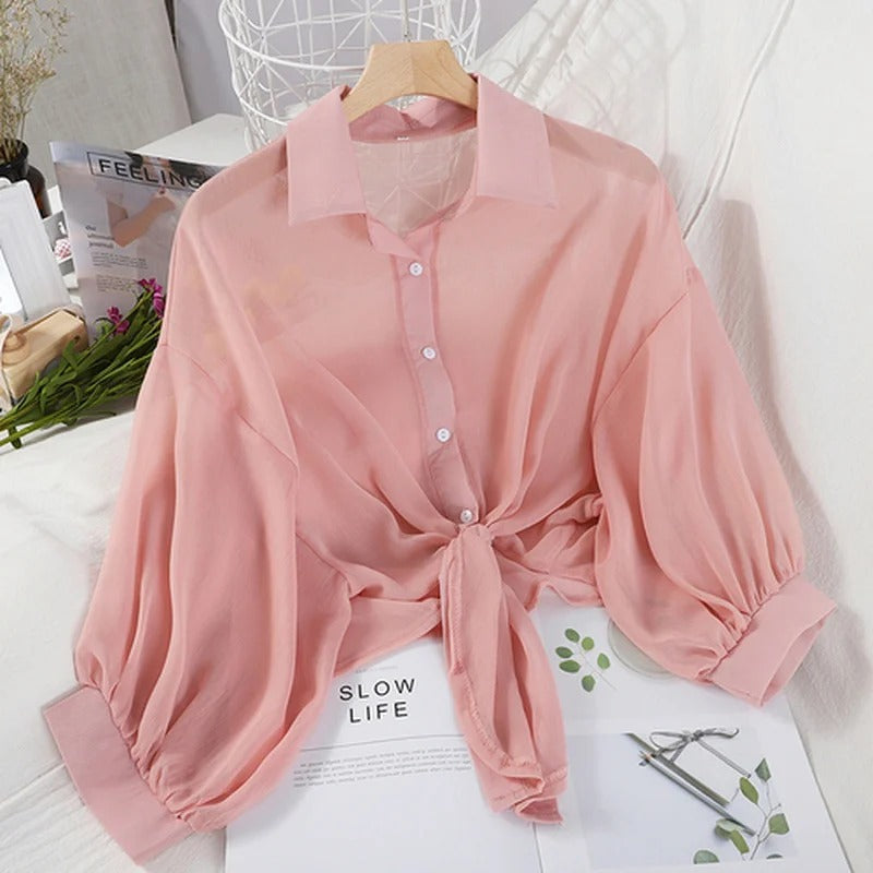 Women's Summer Bat Sleeve Tied Waist Blouse