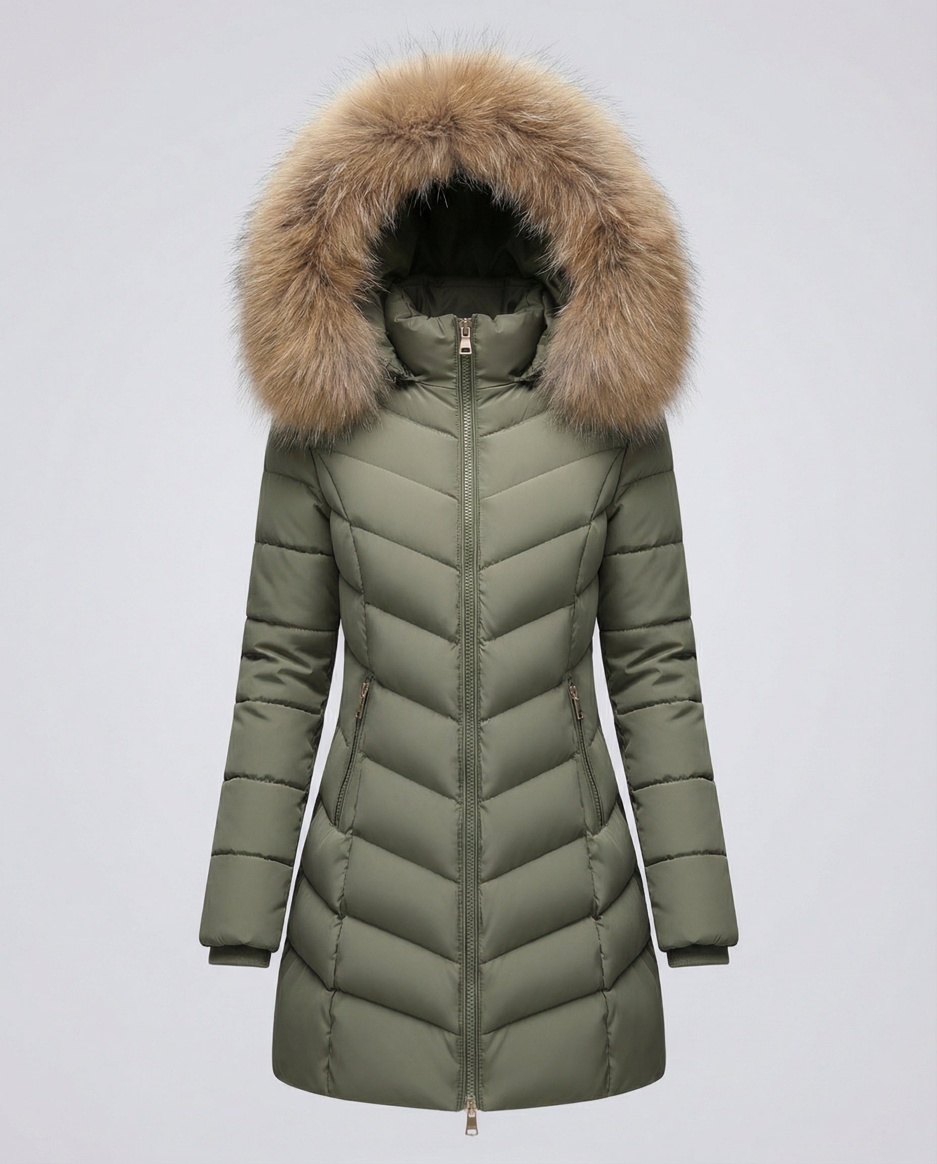 down jacket with faux fur collar and insulated warm-fit design