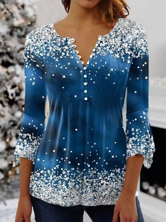 Ivyshape | Top Women's Blue V-Neck Snowflake Long Sleeve Blouse