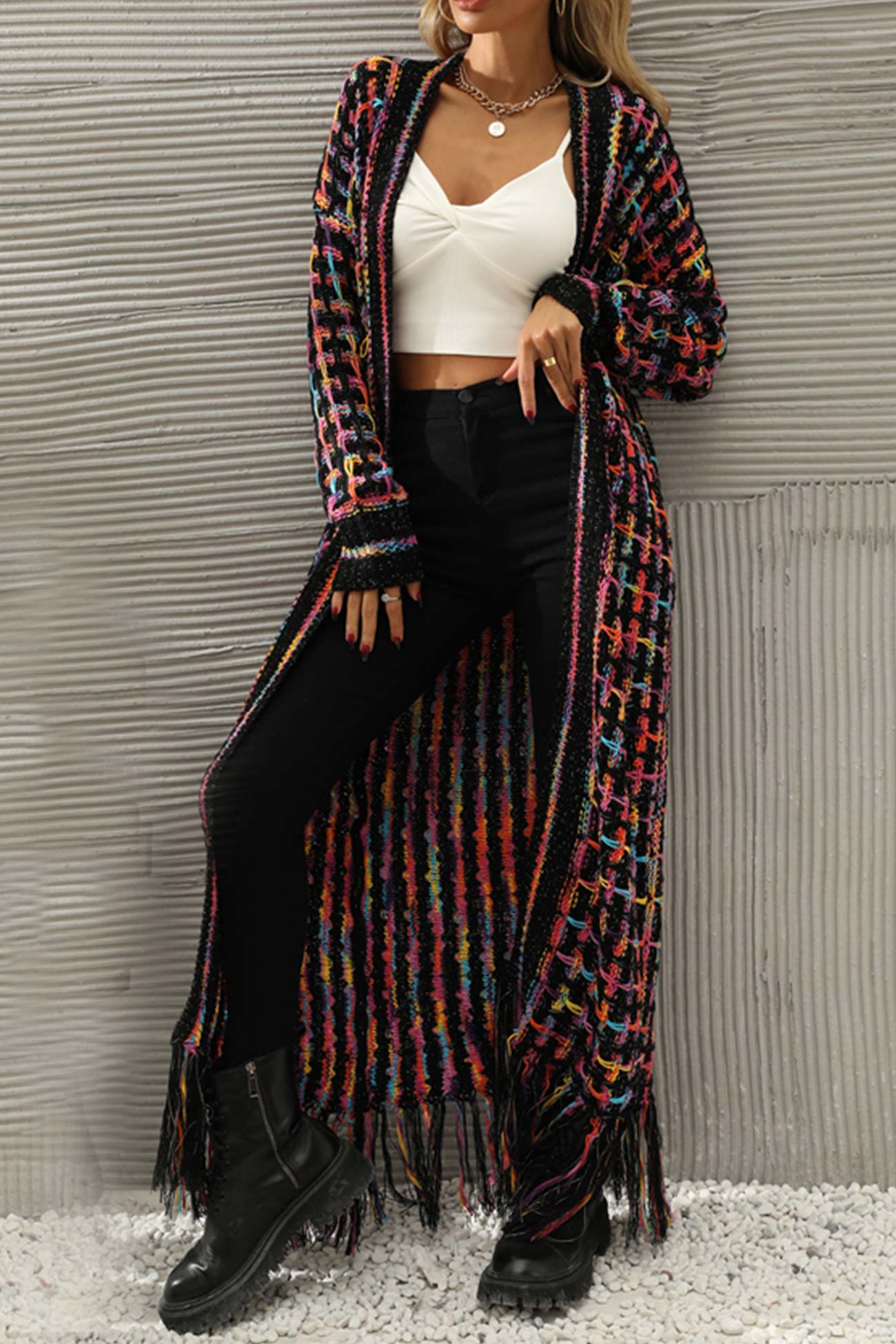 Ivyshape | Contrast Fringe Hem Open Front Long Cardigan