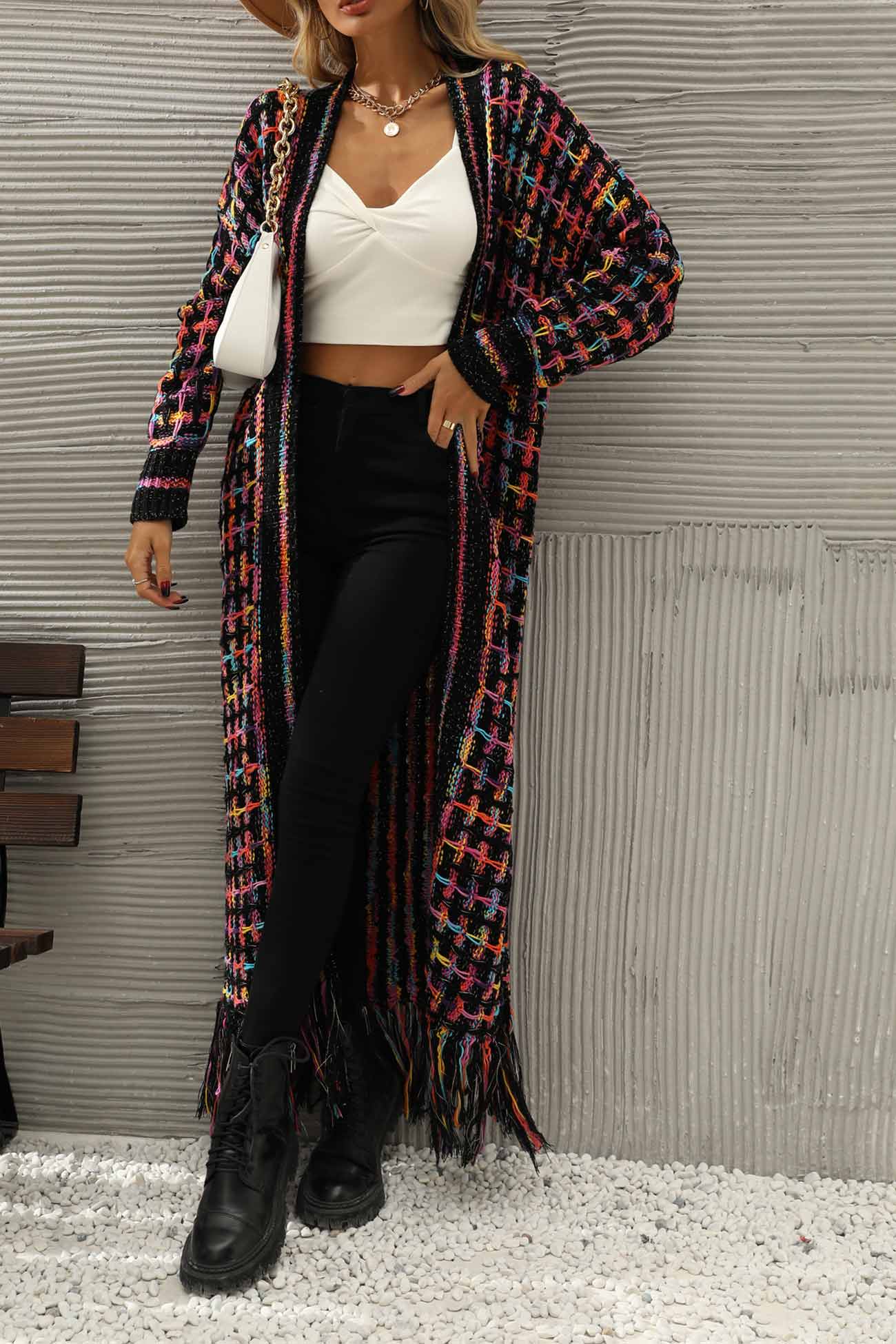 Ivyshape | Contrast Fringe Hem Open Front Long Cardigan