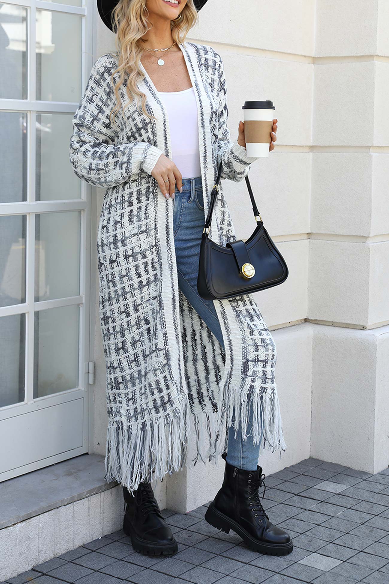 Ivyshape | Contrast Fringe Hem Open Front Long Cardigan