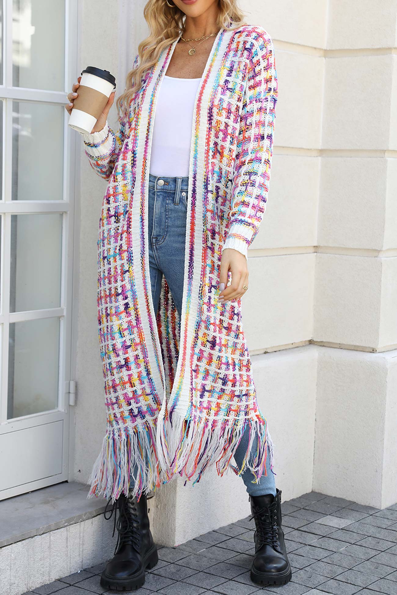 Ivyshape | Contrast Fringe Hem Open Front Long Cardigan