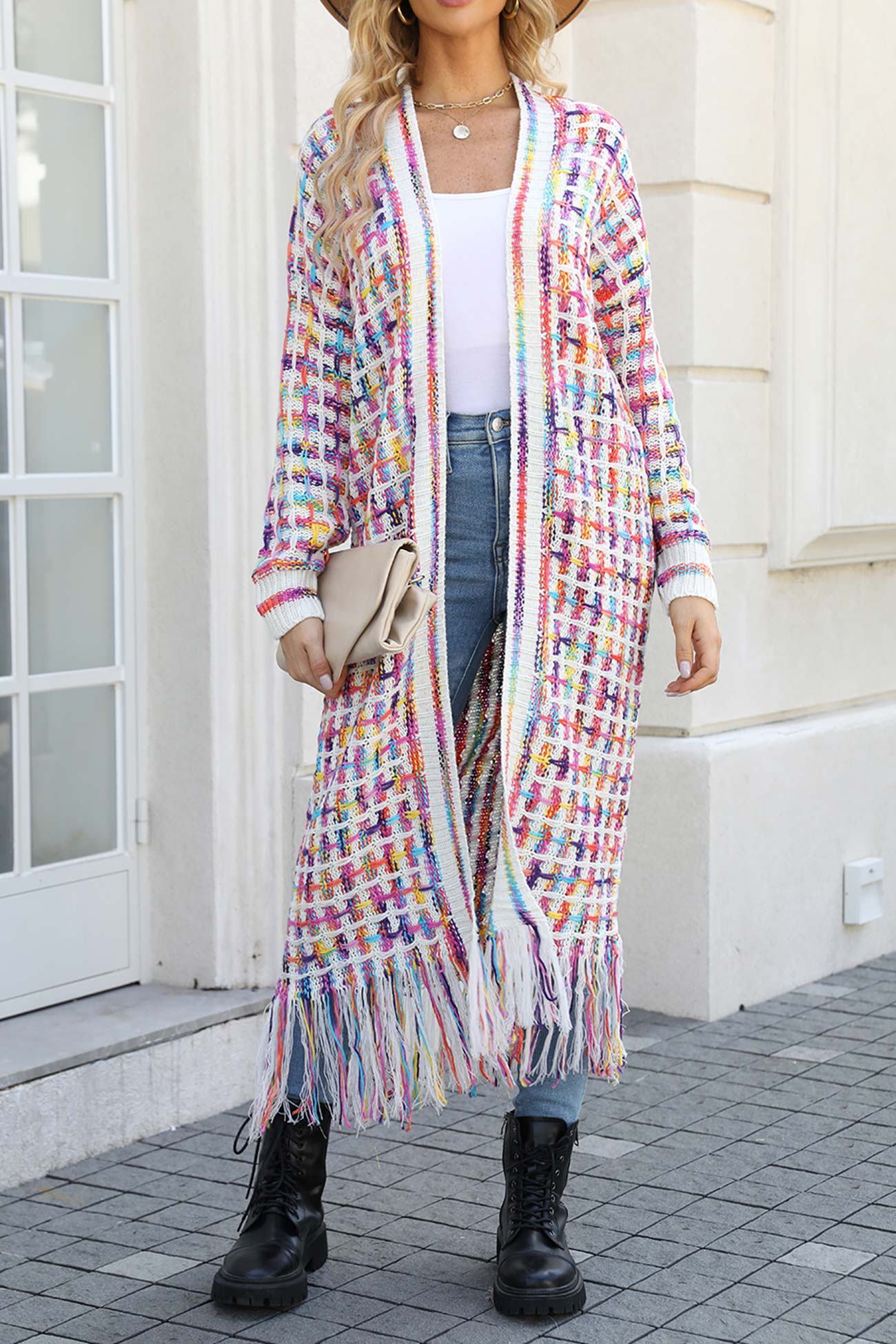 Ivyshape | Contrast Fringe Hem Open Front Long Cardigan