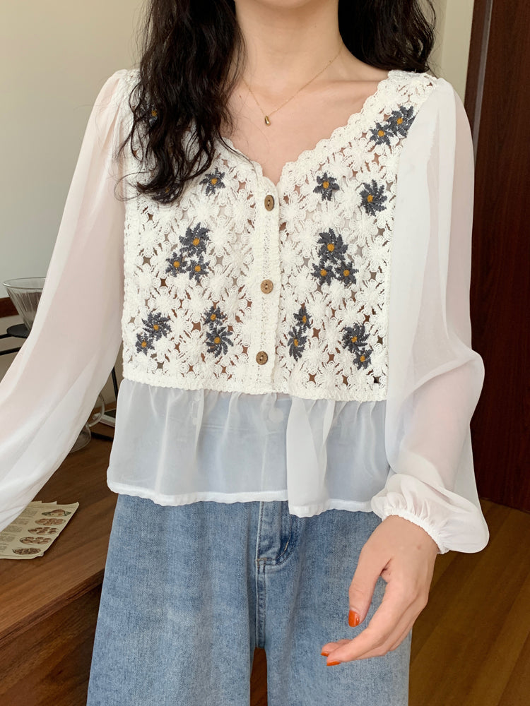 Crochet Knit Blouse with Chiffon Sleeve