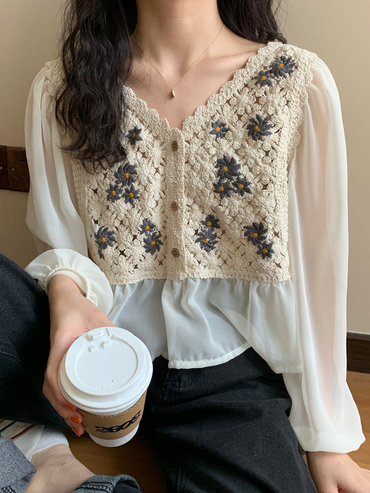 Crochet Knit Blouse with Chiffon Sleeve