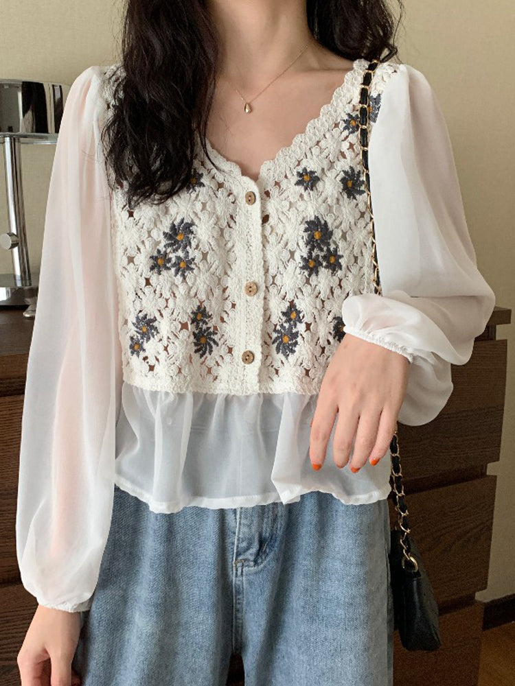 Crochet Knit Blouse with Chiffon Sleeve