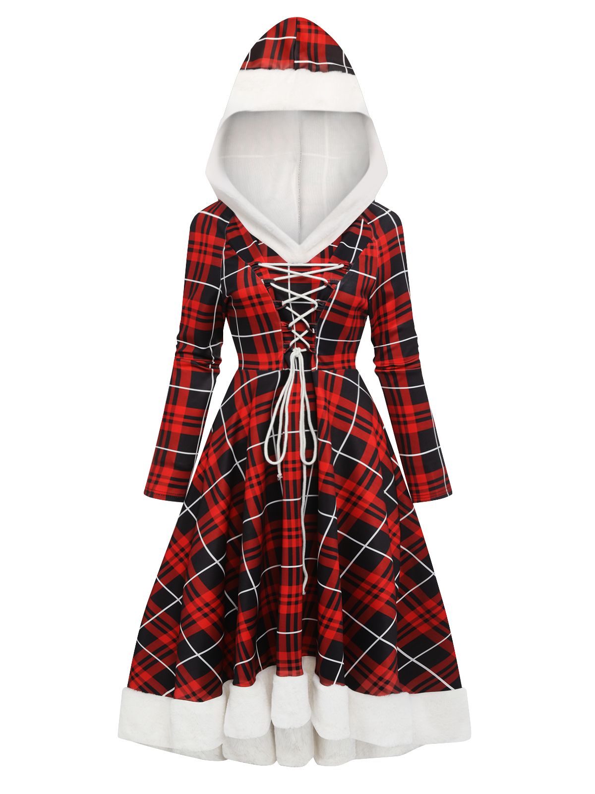 Red Plaid Lace-up Hooded Dress