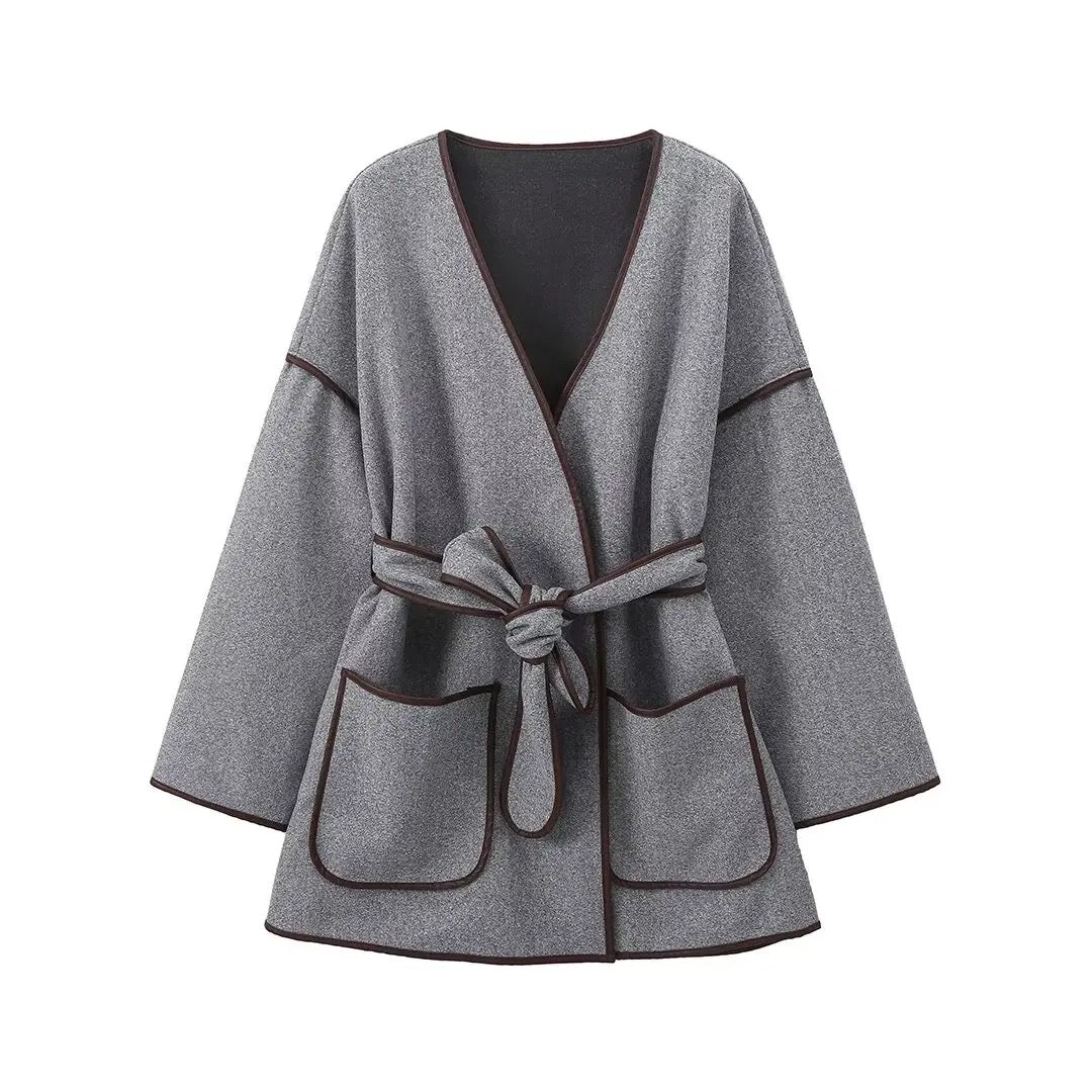 Ivyshape | Woolen Overcoat with Belt In Grey