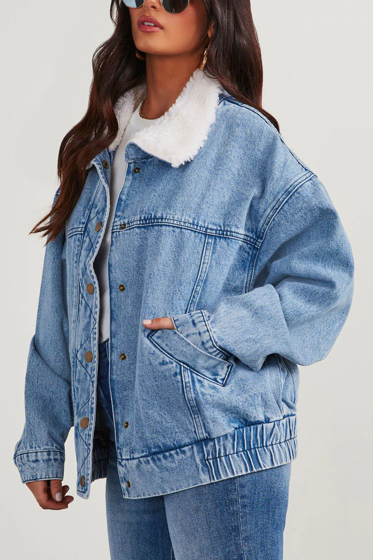 Ivyshape | Oversized Fleece Collar Denim Jacket