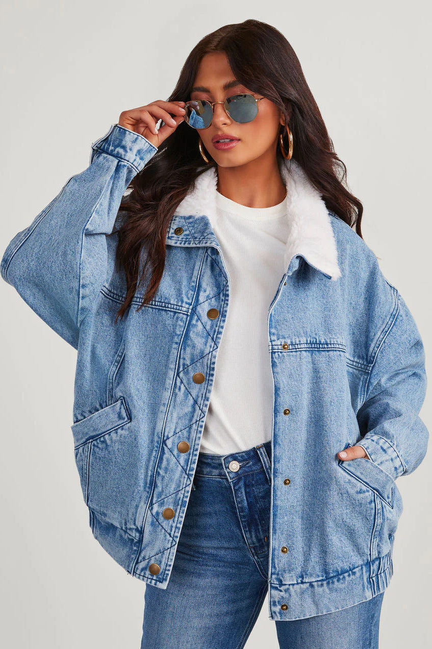 Ivyshape | Oversized Fleece Collar Denim Jacket