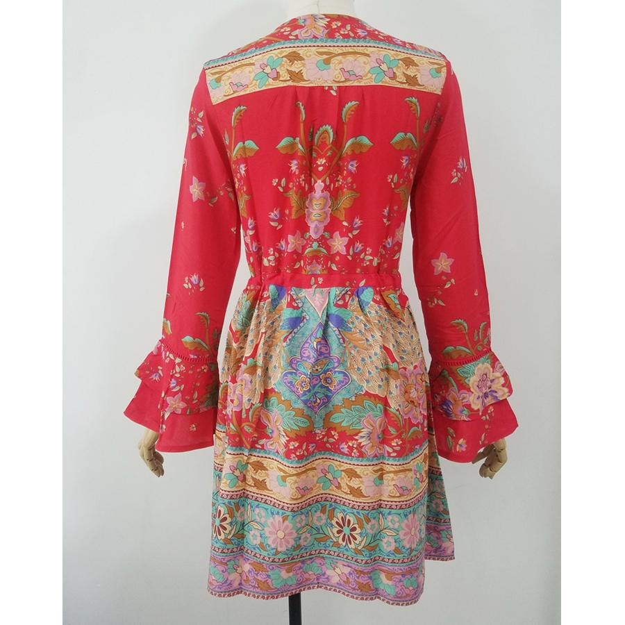 Floral Printed Flare Long Sleeve Drawstring Waist Mini Dress