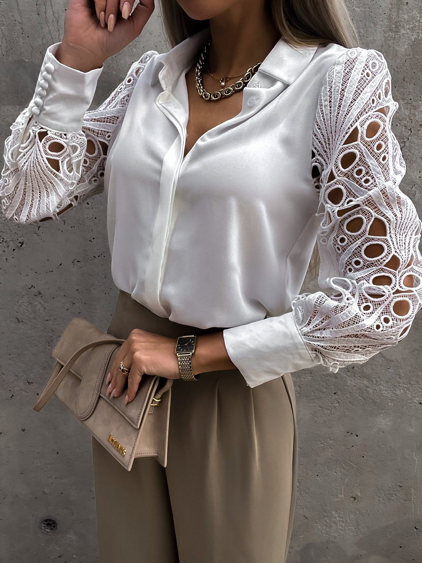 V-Neck Lace Sleeve Blouse