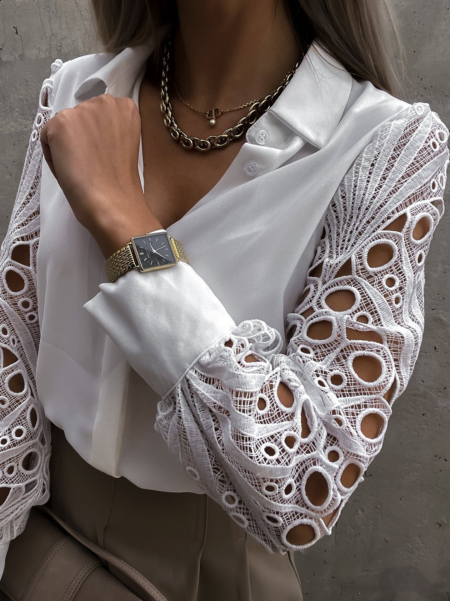 V-Neck Lace Sleeve Blouse