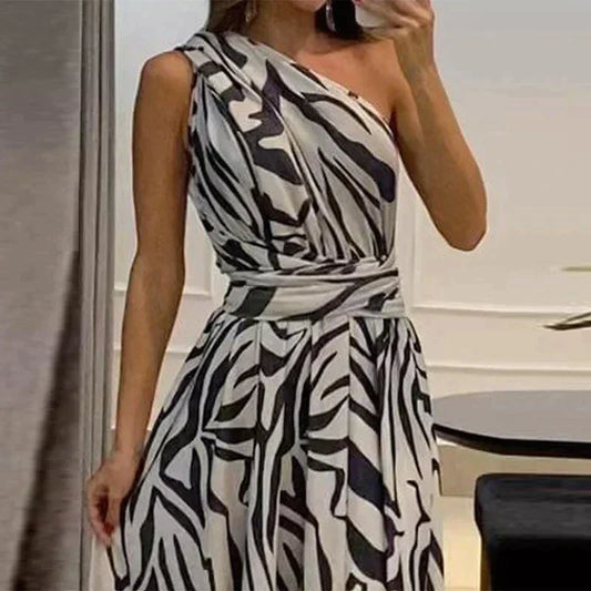 Ivyshape | Women's One Shoulder Zebra Print Dress High Slit