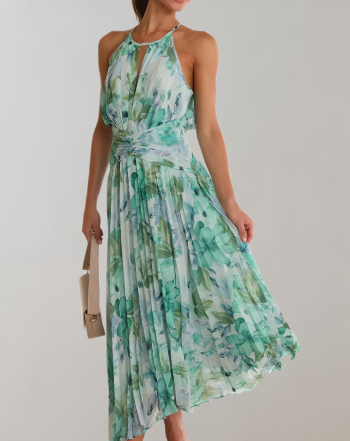 Ivyshape | Women's Pleated Halter Dress Floral