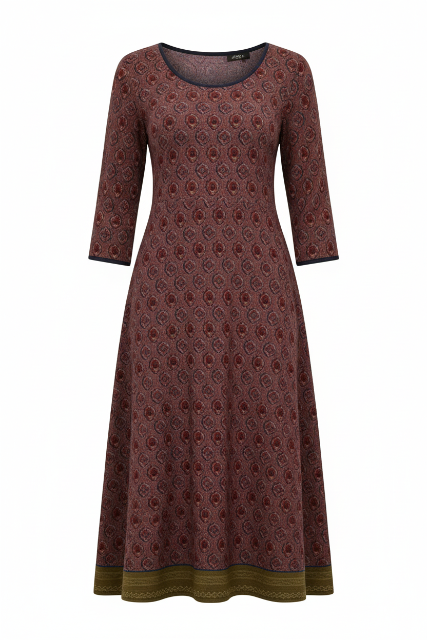 boho midi dress with flowing silhouette and three-quarter sleeves