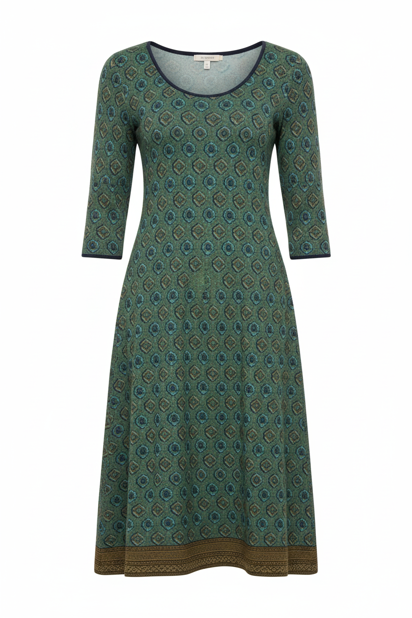 boho midi dress with flowing silhouette and three-quarter sleeves