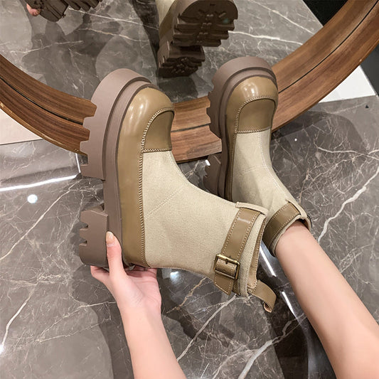 Ivyshape | Women's Platform Ankle Boots 2024 Autumn Canvas Square Heels Shoes