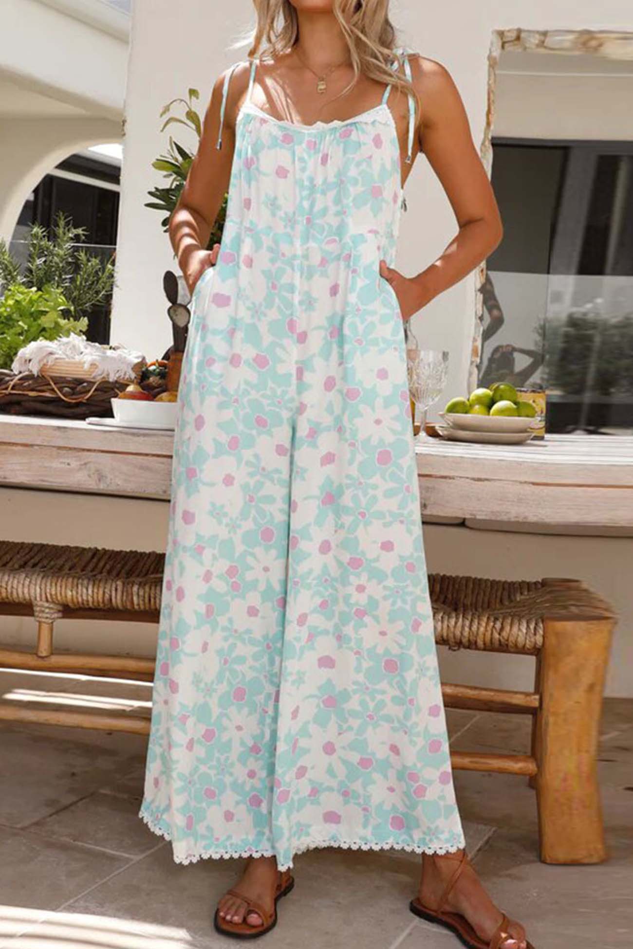 Ivyshape | Women's Stylish Floral Jumpsuit Light Blue