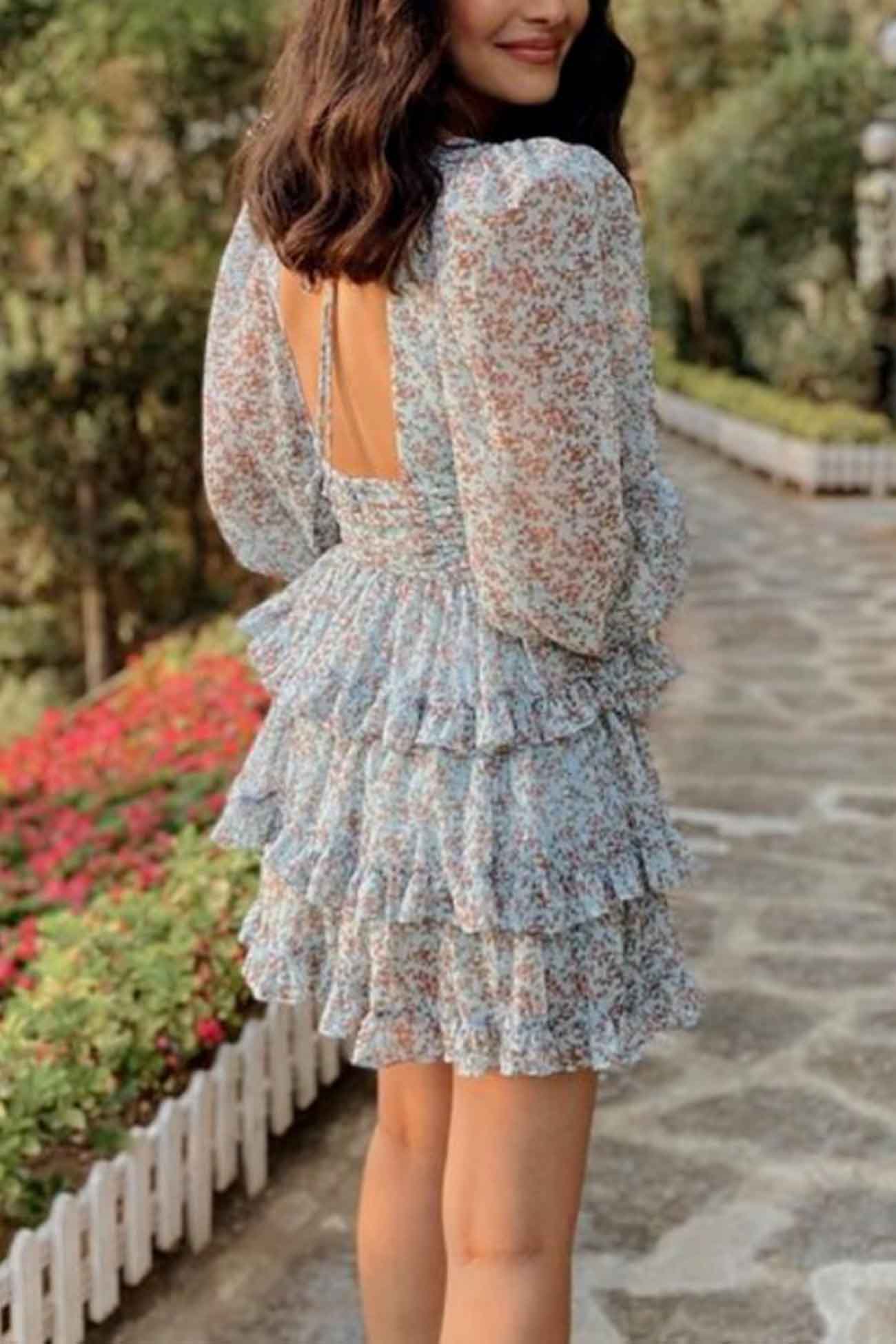 Ivyshape | Women's Floral Ruffles Dress Long Sleeve