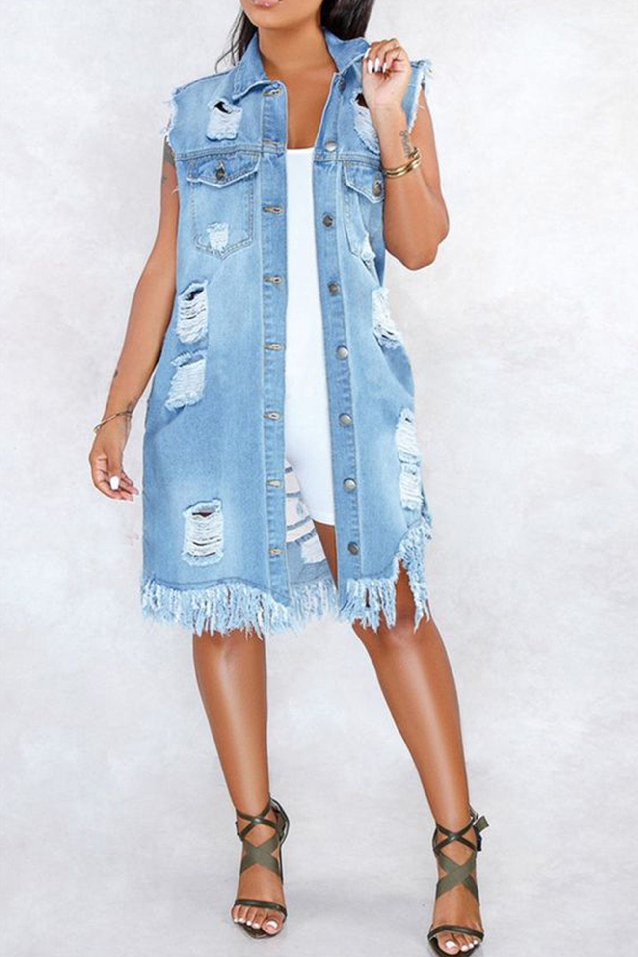 Fringe Sleeveless Denim Jacket