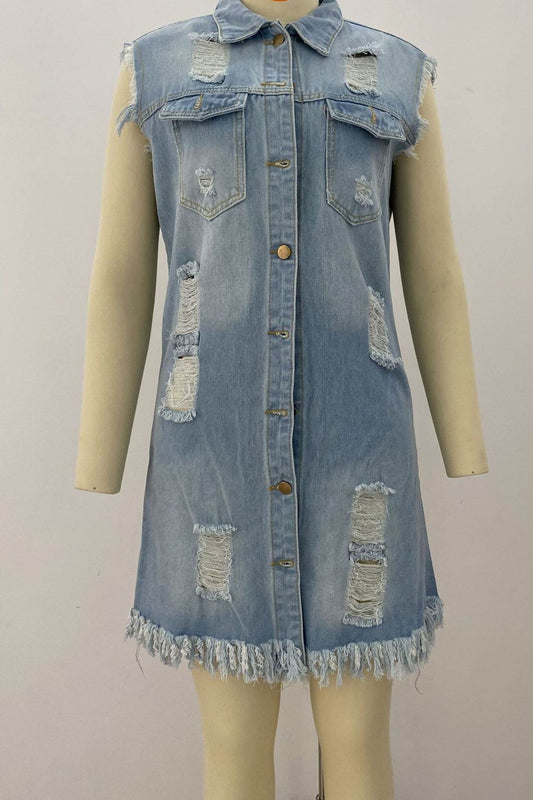 Fringe Sleeveless Denim Jacket