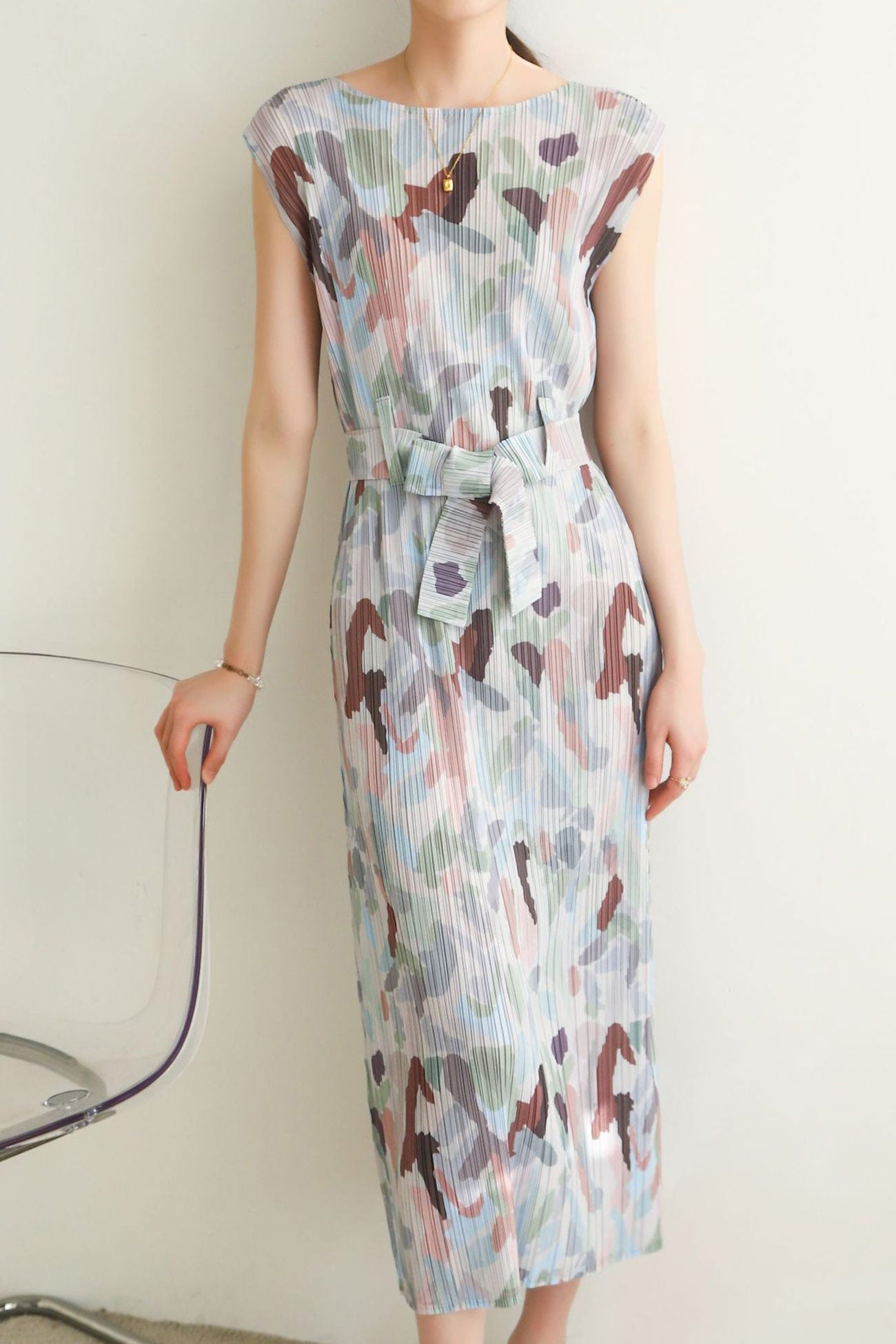 Pleated Printed Back Slit Dress