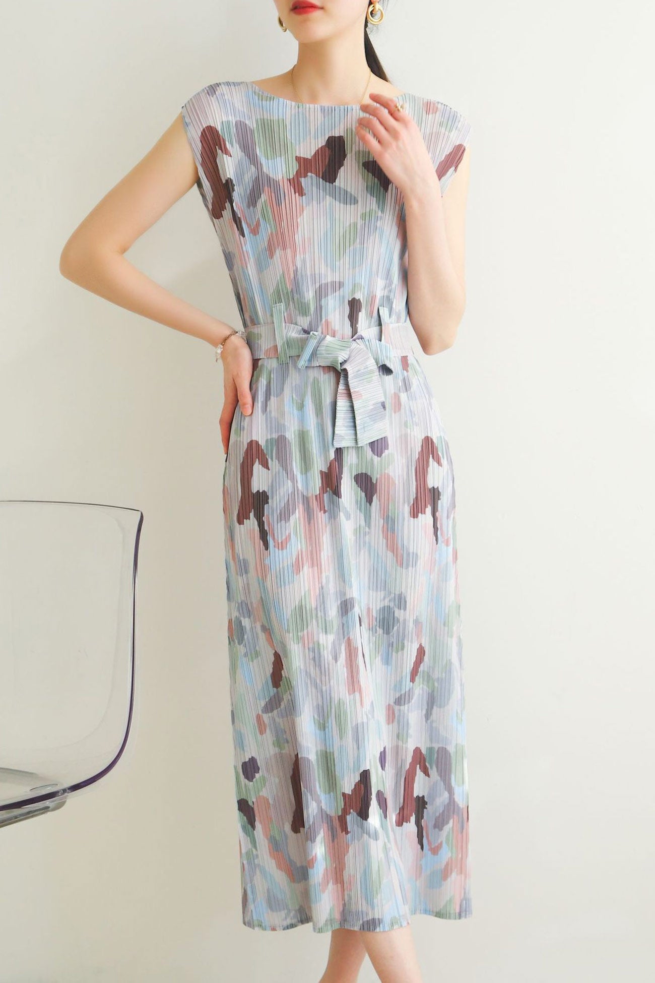 Pleated Printed Back Slit Dress