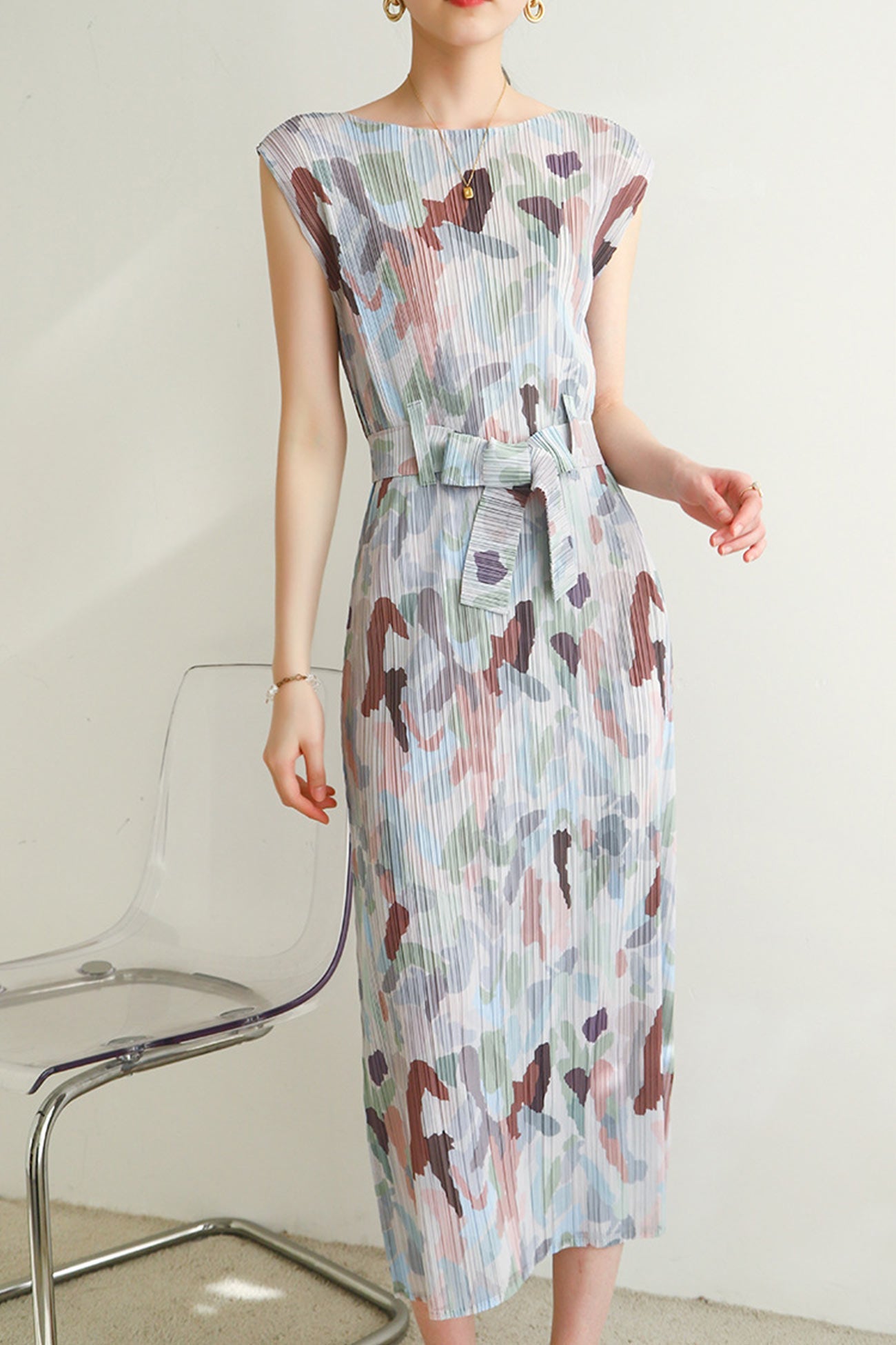 Pleated Printed Back Slit Dress