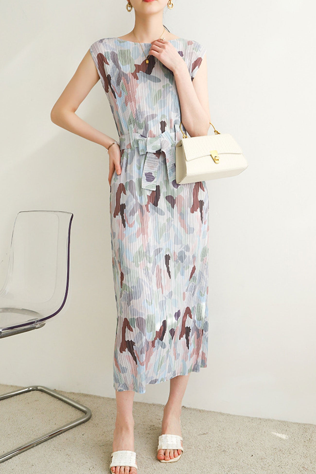 Pleated Printed Back Slit Dress