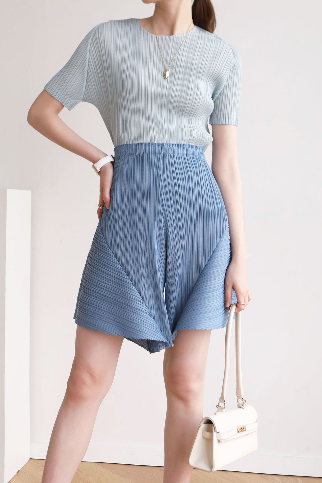 Pleated Solid High Waist Shorts