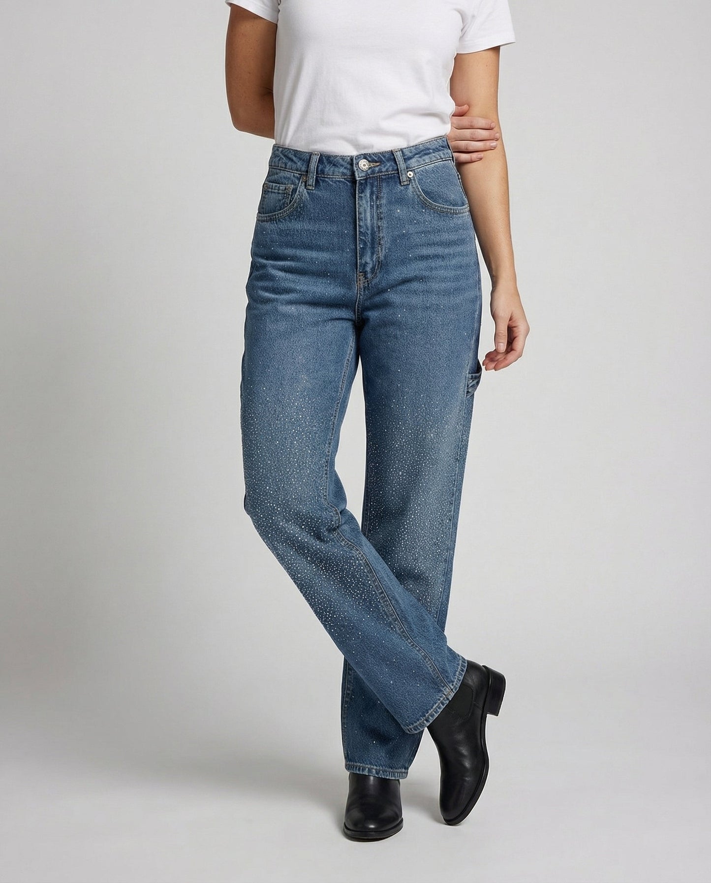 diamond embellished jeans with relaxed fit and sparkling detailing