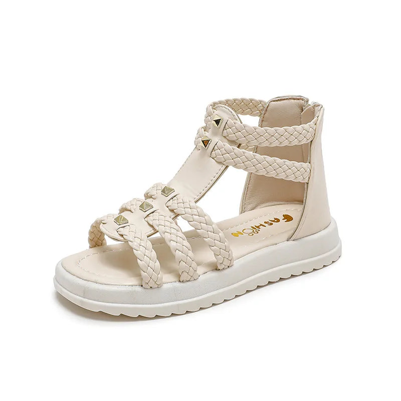 Girls' Braided Roman Sandals with Rivets for Summer