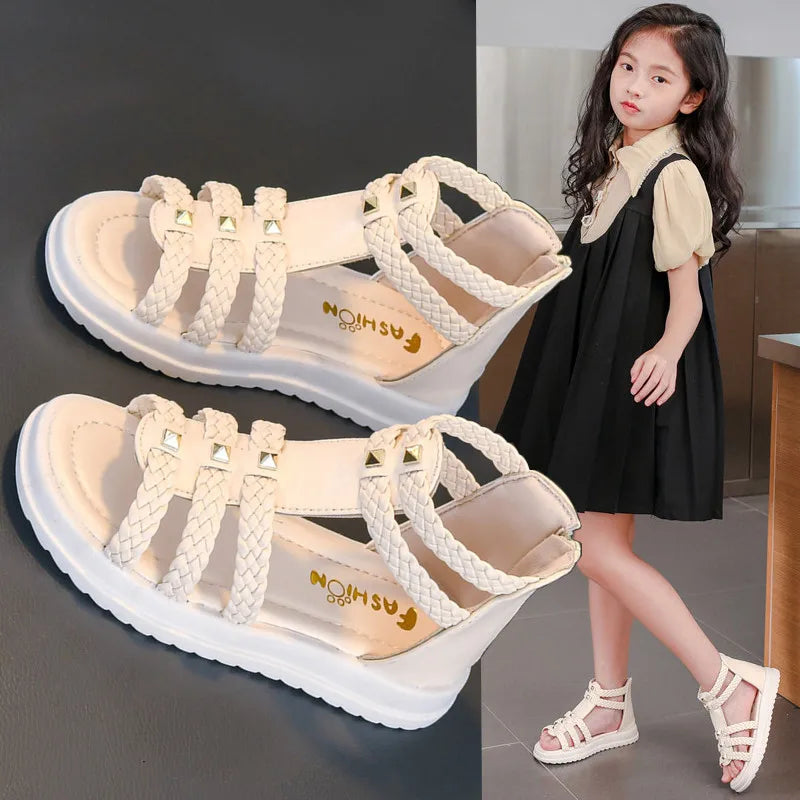 Girls' Braided Roman Sandals with Rivets for Summer