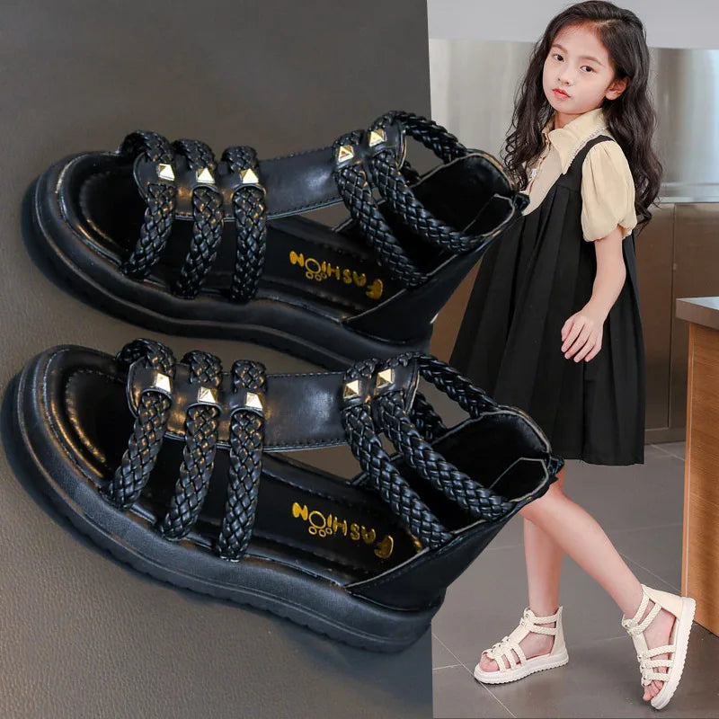 Girls' Braided Roman Sandals with Rivets for Summer