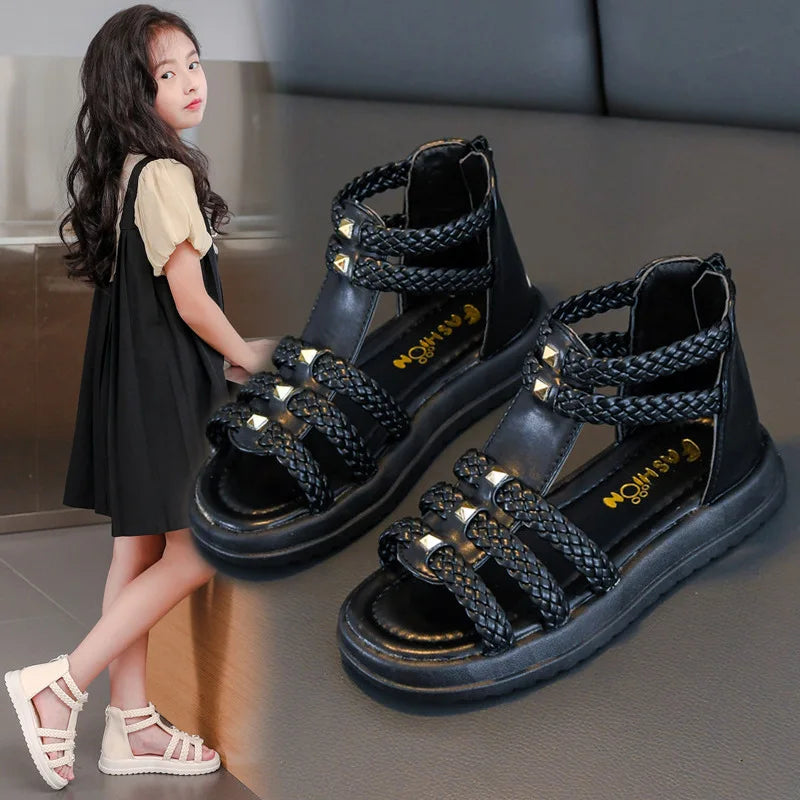 Girls' Braided Roman Sandals with Rivets for Summer